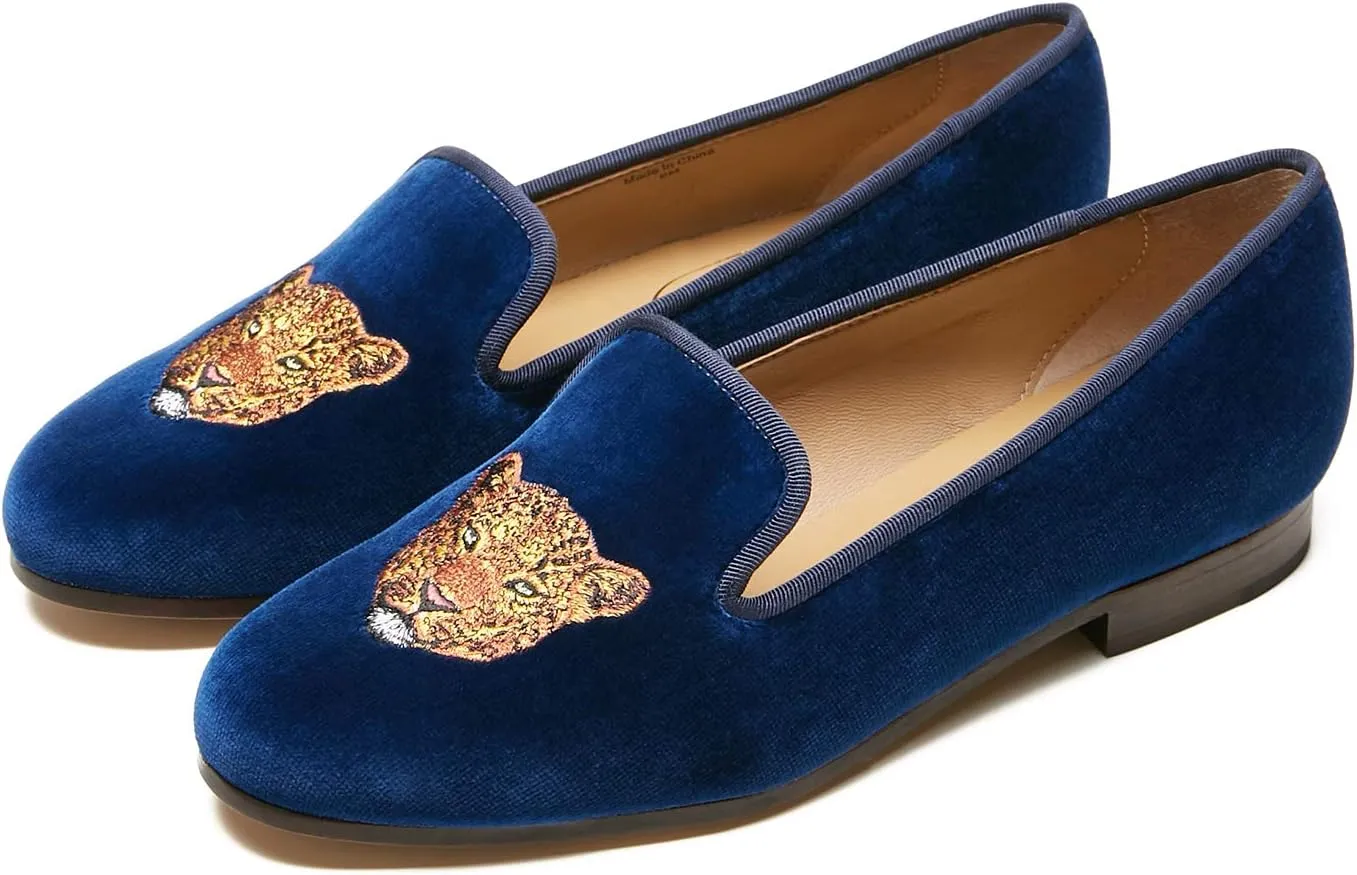 Journey West Women's Velvet Loafer Flat with Embroidery Velvet Slippers