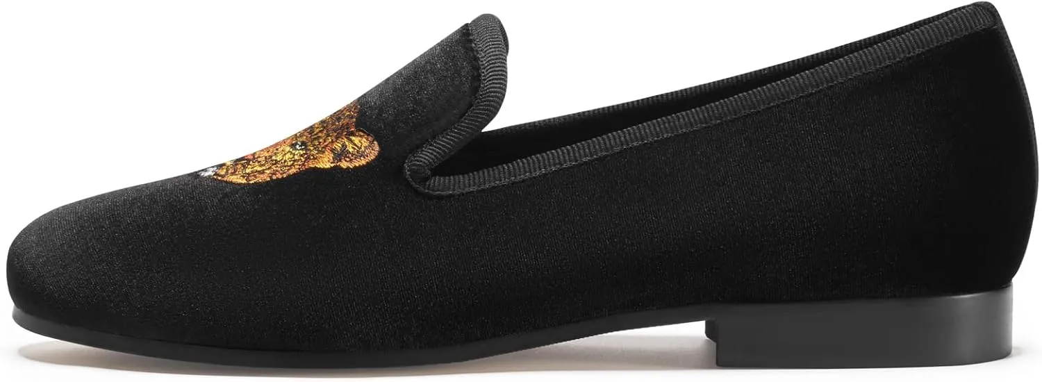 Journey West Women's Velvet Loafer Flat with Embroidery Velvet Slippers