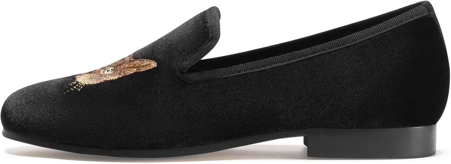 Journey West Women's Velvet Loafer Flat with Embroidery Velvet Slippers