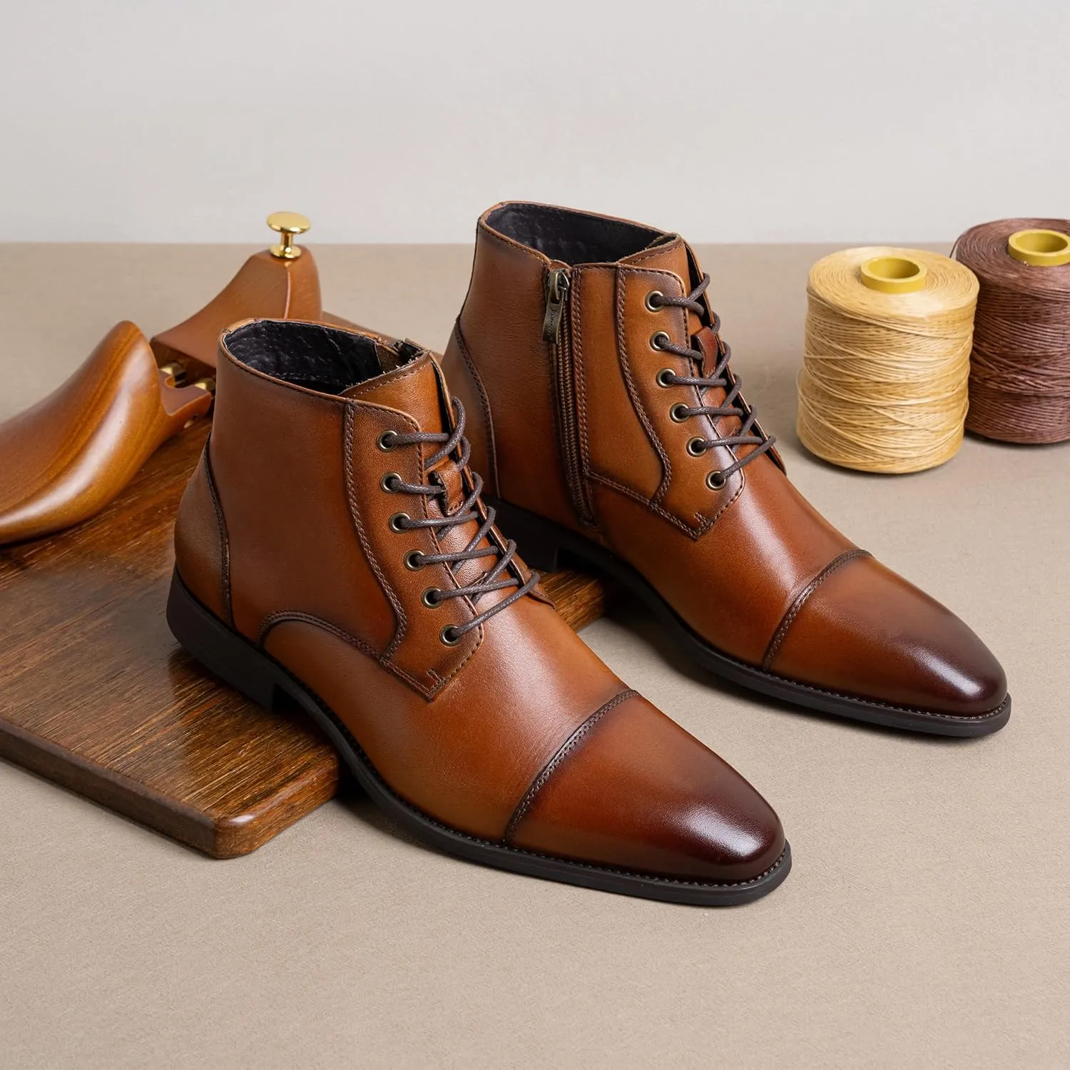 Jousen Mens Boots Leather Dress Boots for Mens Cap-Toe Fashion Boots for Men