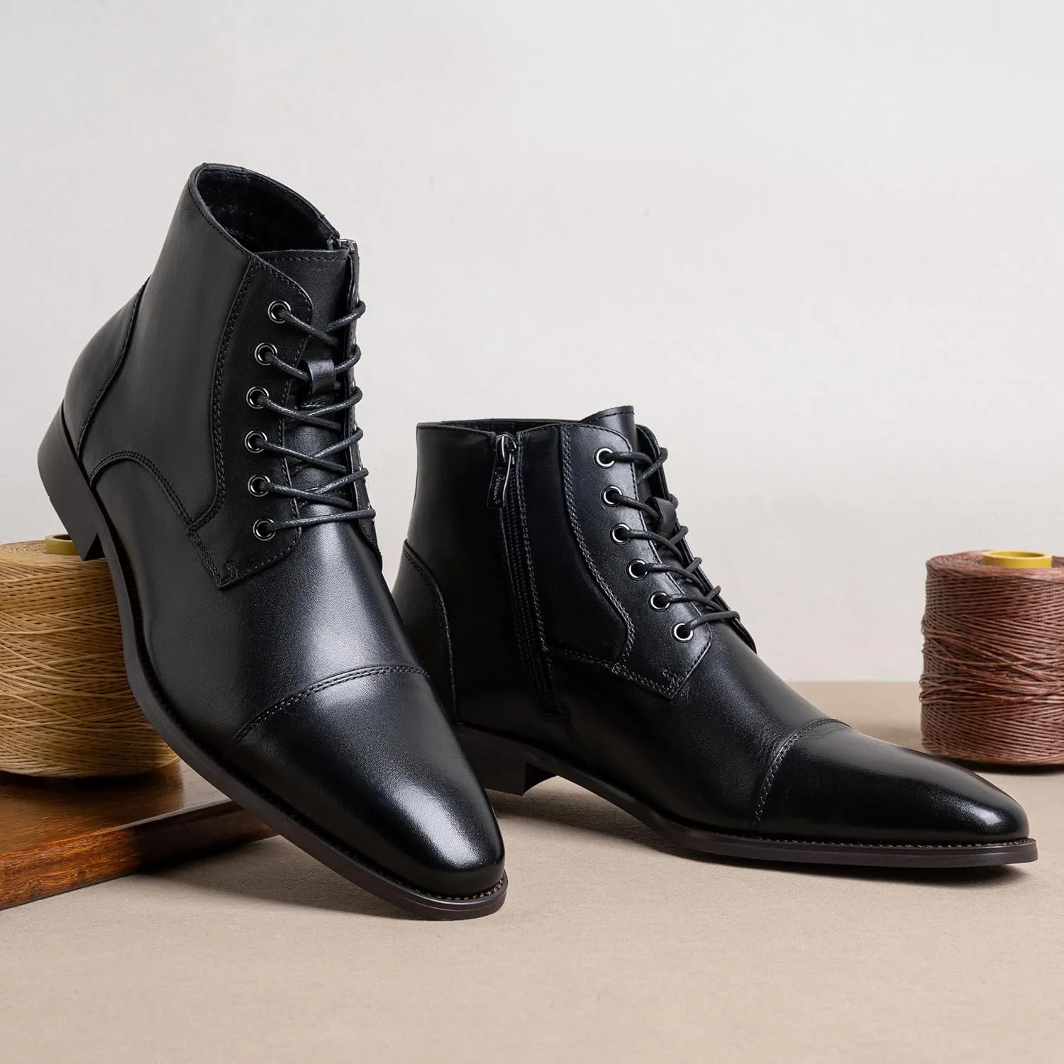 Jousen Mens Boots Leather Dress Boots for Mens Cap-Toe Fashion Boots for Men