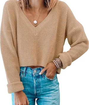 Jumppmile Womens V Neck Waffle Knit Cropped Top Long Sleeve Pullover Crop Sweater