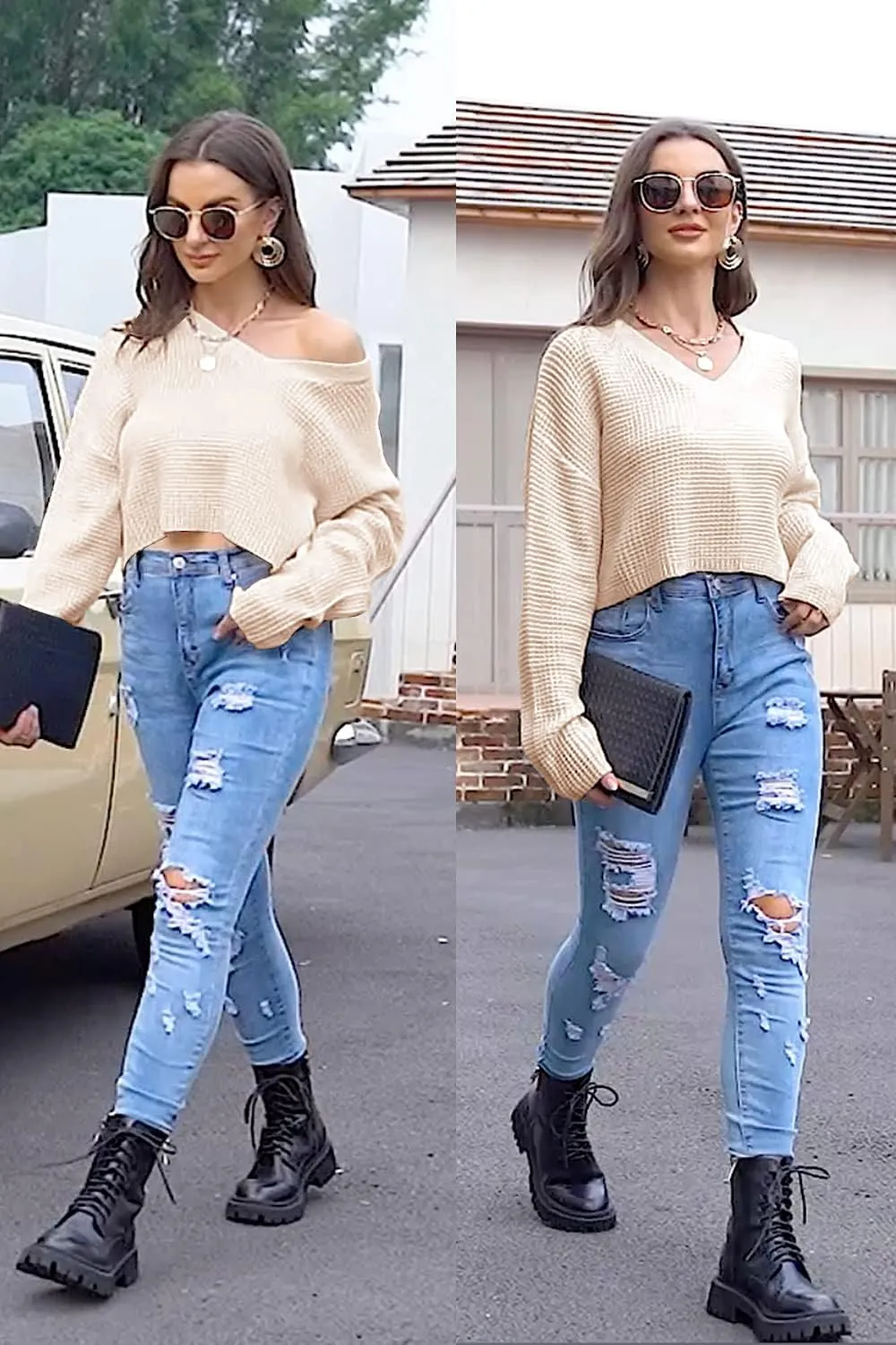Jumppmile Womens V Neck Waffle Knit Cropped Top Long Sleeve Pullover Crop Sweater