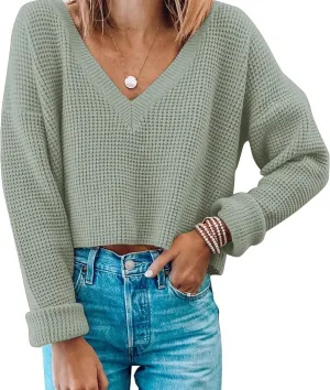Jumppmile Womens V Neck Waffle Knit Cropped Top Long Sleeve Pullover Crop Sweater