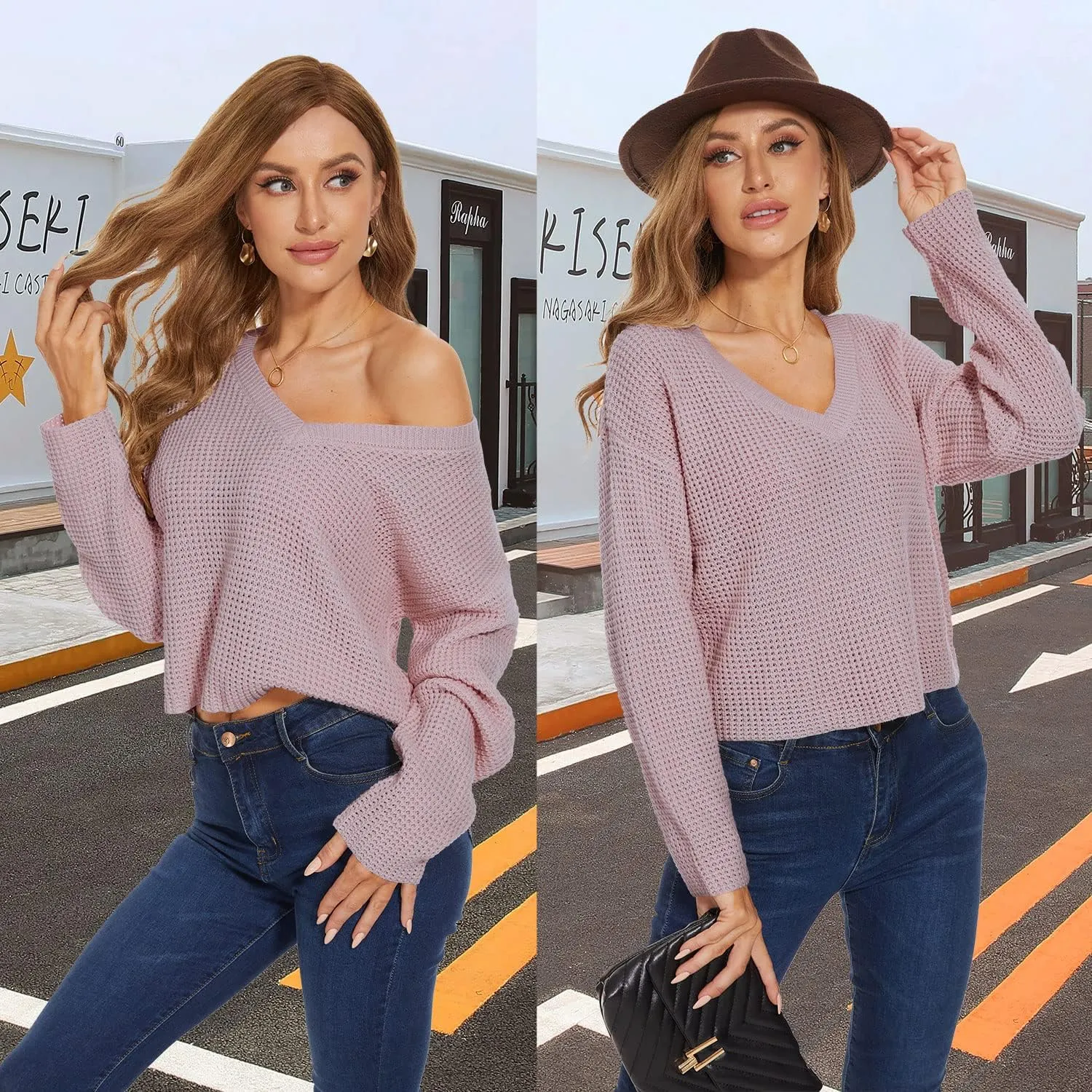 Jumppmile Womens V Neck Waffle Knit Cropped Top Long Sleeve Pullover Crop Sweater