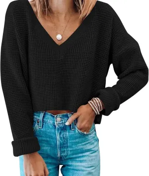 Jumppmile Womens V Neck Waffle Knit Cropped Top Long Sleeve Pullover Crop Sweater