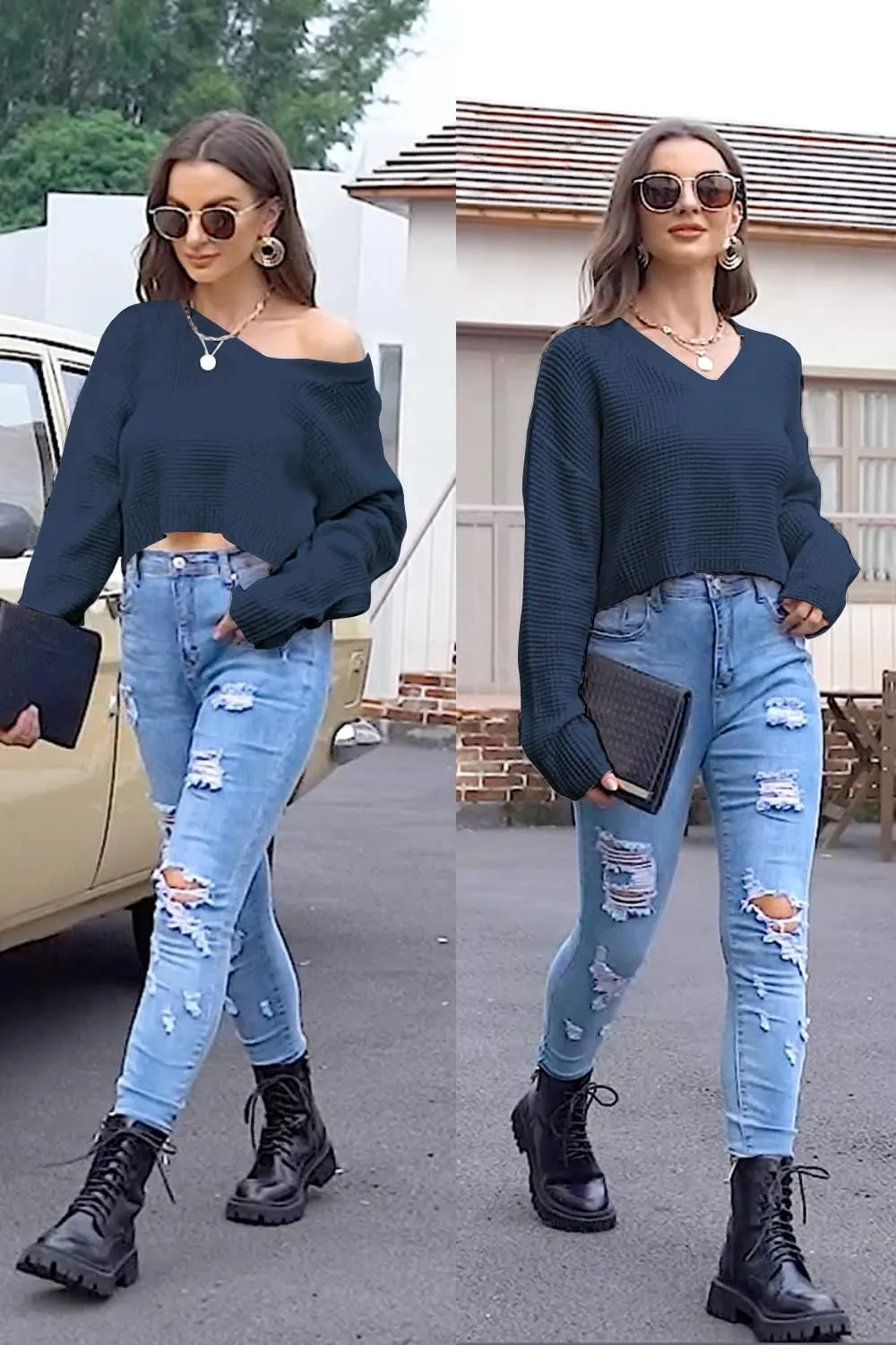 Jumppmile Womens V Neck Waffle Knit Cropped Top Long Sleeve Pullover Crop Sweater
