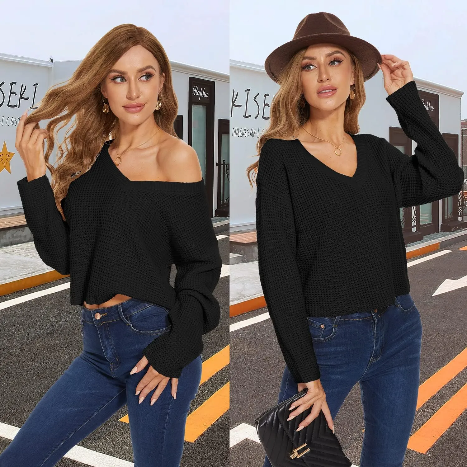 Jumppmile Womens V Neck Waffle Knit Cropped Top Long Sleeve Pullover Crop Sweater