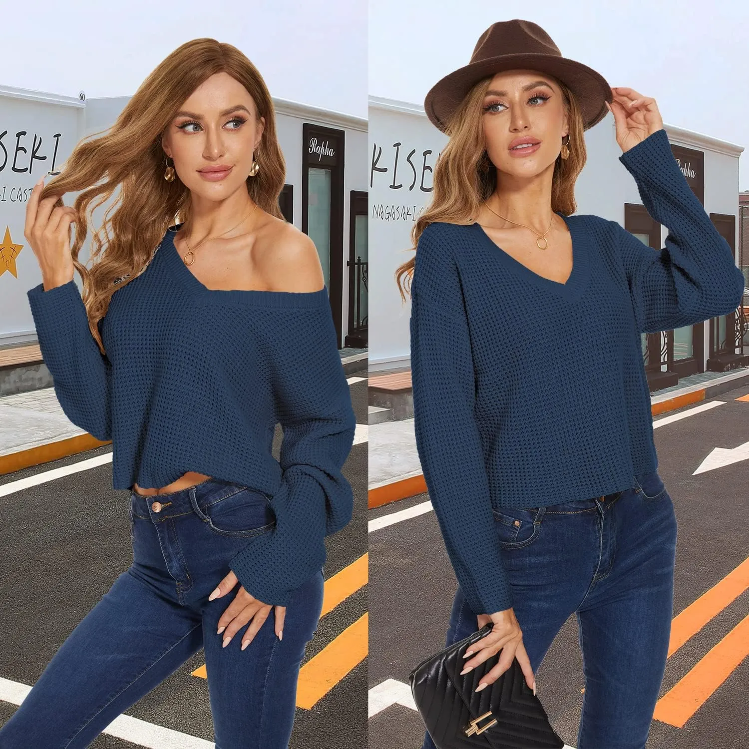 Jumppmile Womens V Neck Waffle Knit Cropped Top Long Sleeve Pullover Crop Sweater