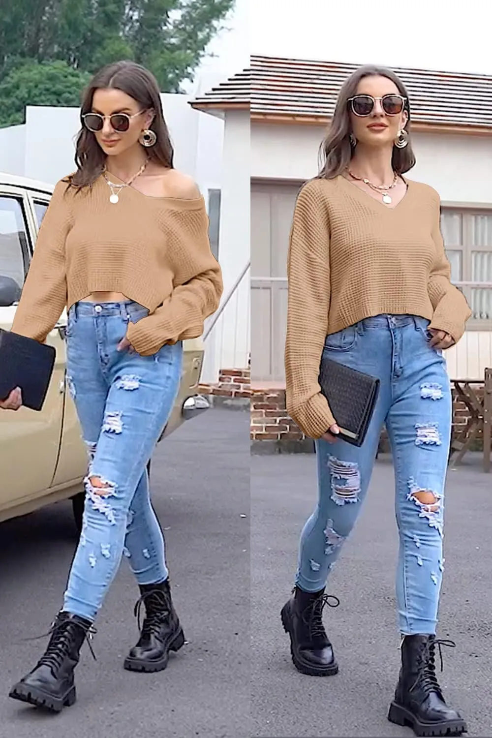 Jumppmile Womens V Neck Waffle Knit Cropped Top Long Sleeve Pullover Crop Sweater