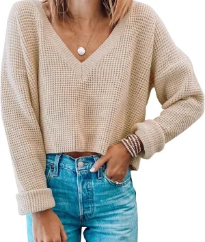 Jumppmile Womens V Neck Waffle Knit Cropped Top Long Sleeve Pullover Crop Sweater