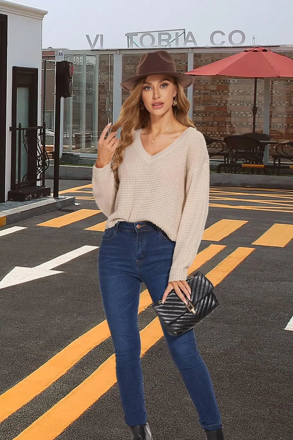 Jumppmile Womens V Neck Waffle Knit Cropped Top Long Sleeve Pullover Crop Sweater