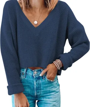 Jumppmile Womens V Neck Waffle Knit Cropped Top Long Sleeve Pullover Crop Sweater