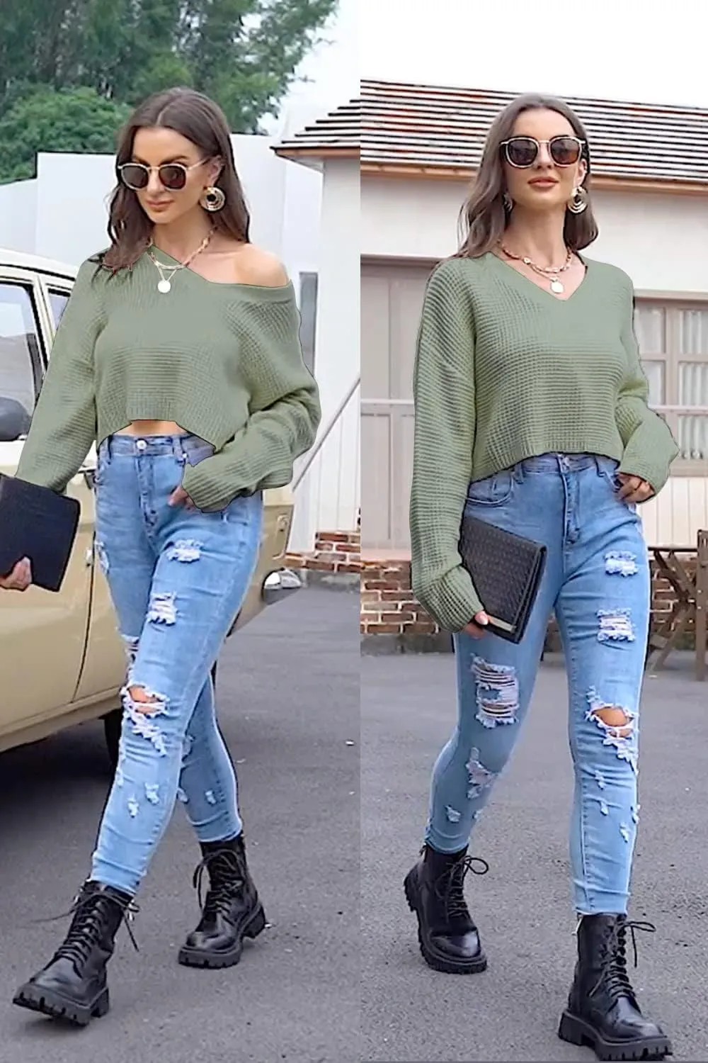 Jumppmile Womens V Neck Waffle Knit Cropped Top Long Sleeve Pullover Crop Sweater