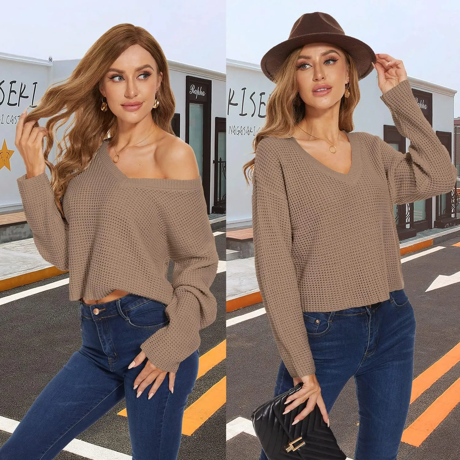 Jumppmile Womens V Neck Waffle Knit Cropped Top Long Sleeve Pullover Crop Sweater