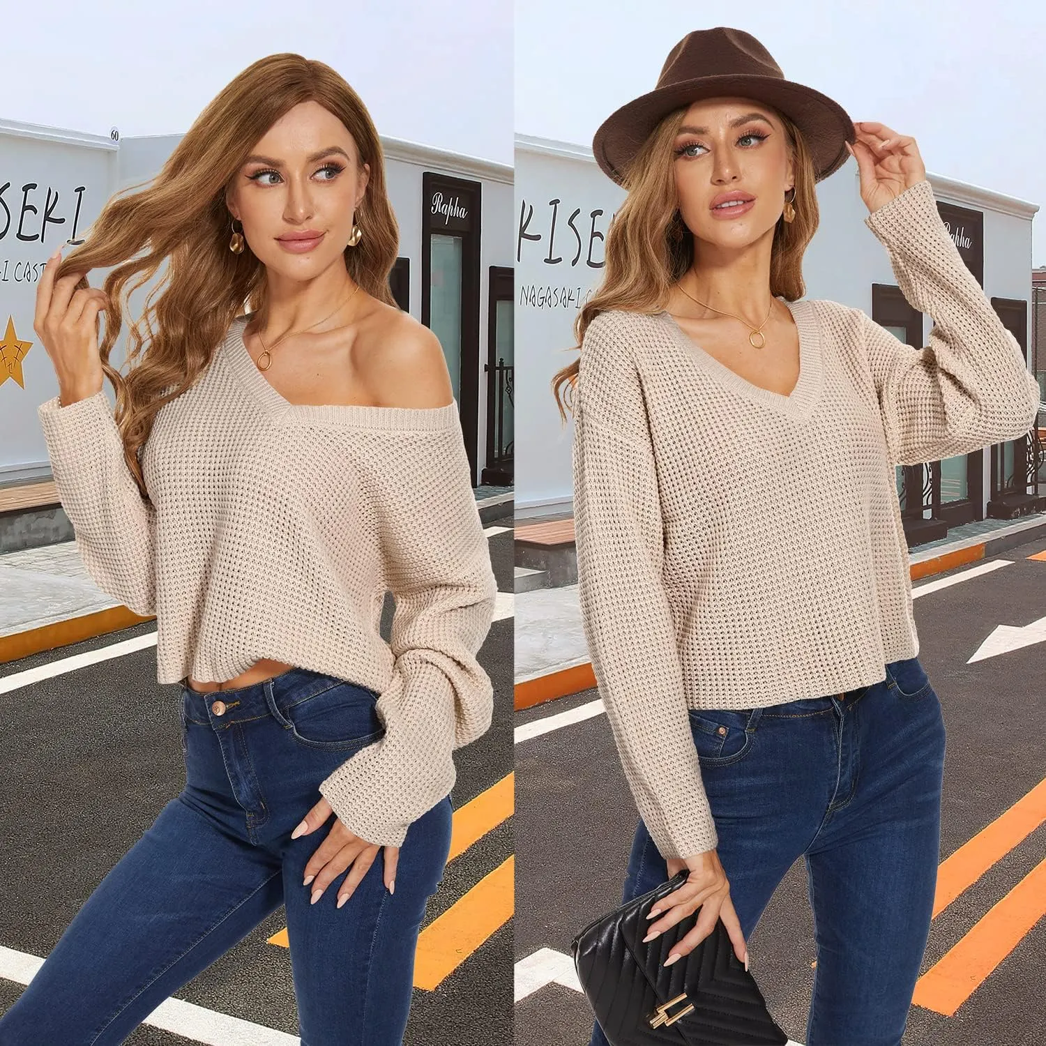 Jumppmile Womens V Neck Waffle Knit Cropped Top Long Sleeve Pullover Crop Sweater