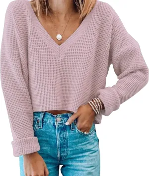 Jumppmile Womens V Neck Waffle Knit Cropped Top Long Sleeve Pullover Crop Sweater