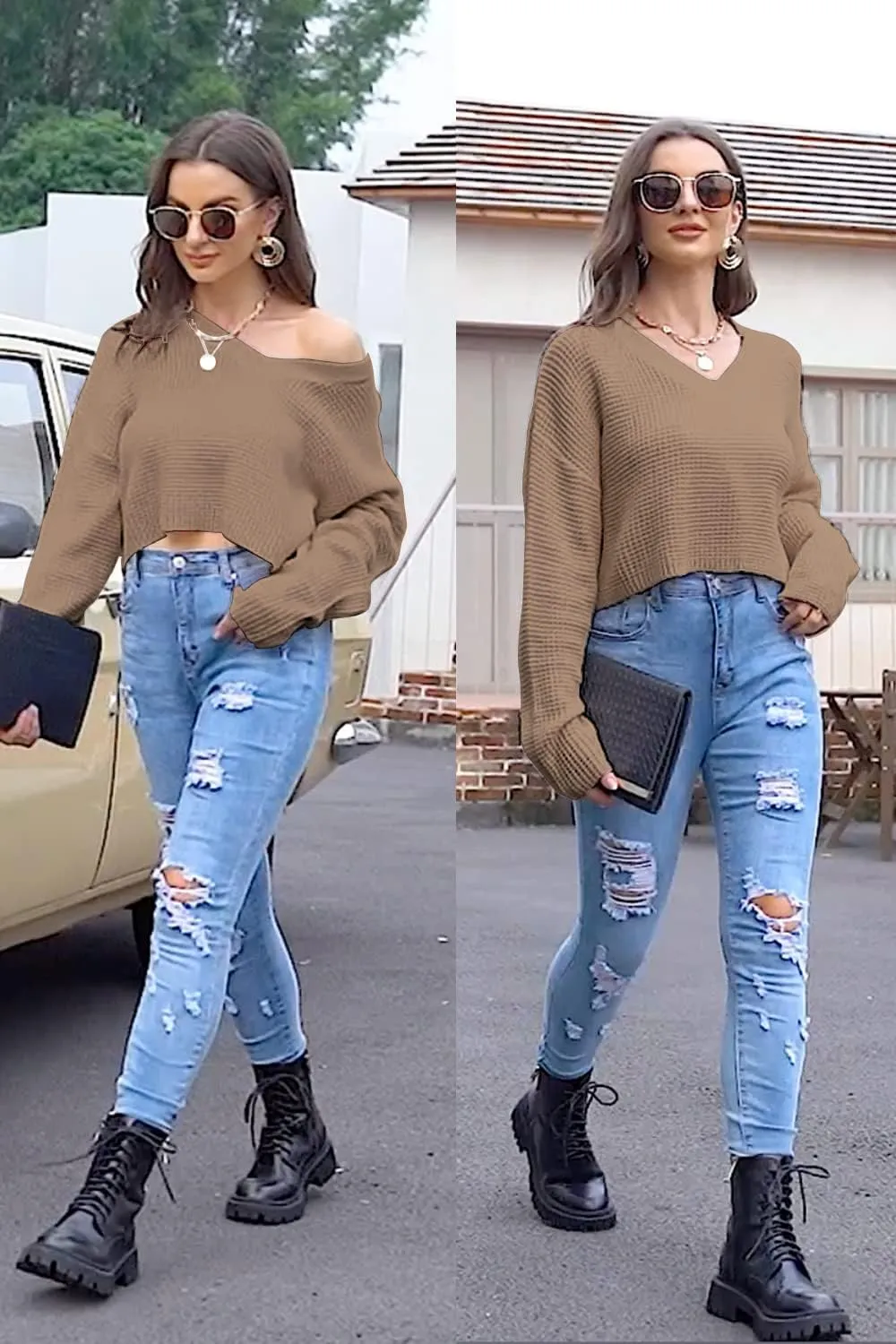 Jumppmile Womens V Neck Waffle Knit Cropped Top Long Sleeve Pullover Crop Sweater