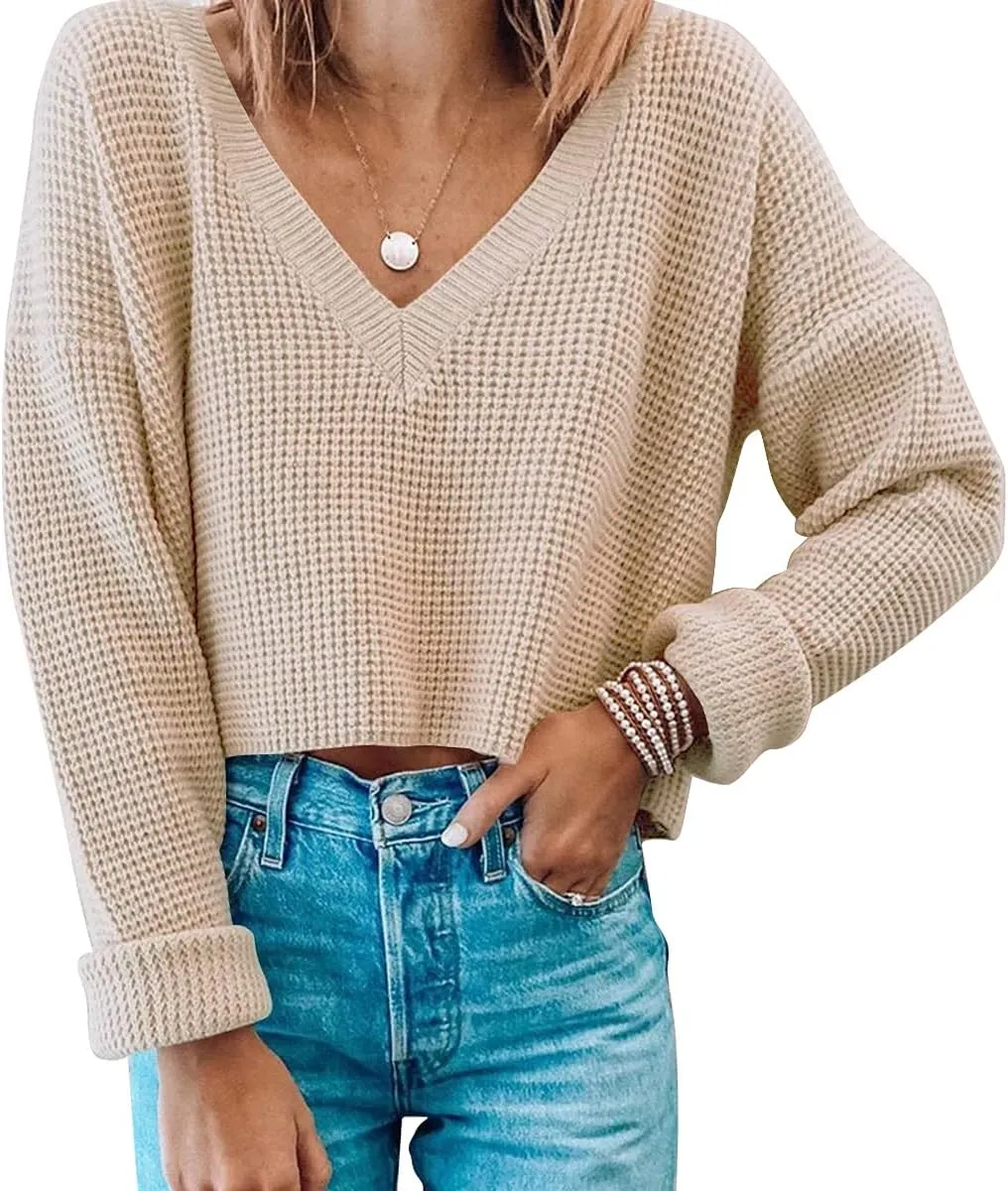 Jumppmile Womens V Neck Waffle Knit Cropped Top Long Sleeve Pullover Crop Sweater