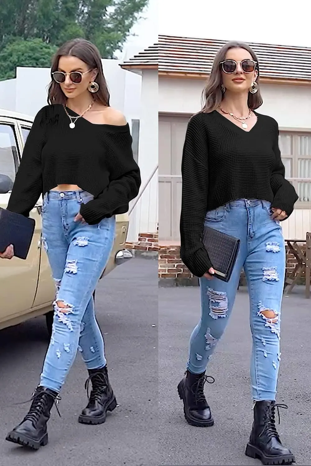 Jumppmile Womens V Neck Waffle Knit Cropped Top Long Sleeve Pullover Crop Sweater