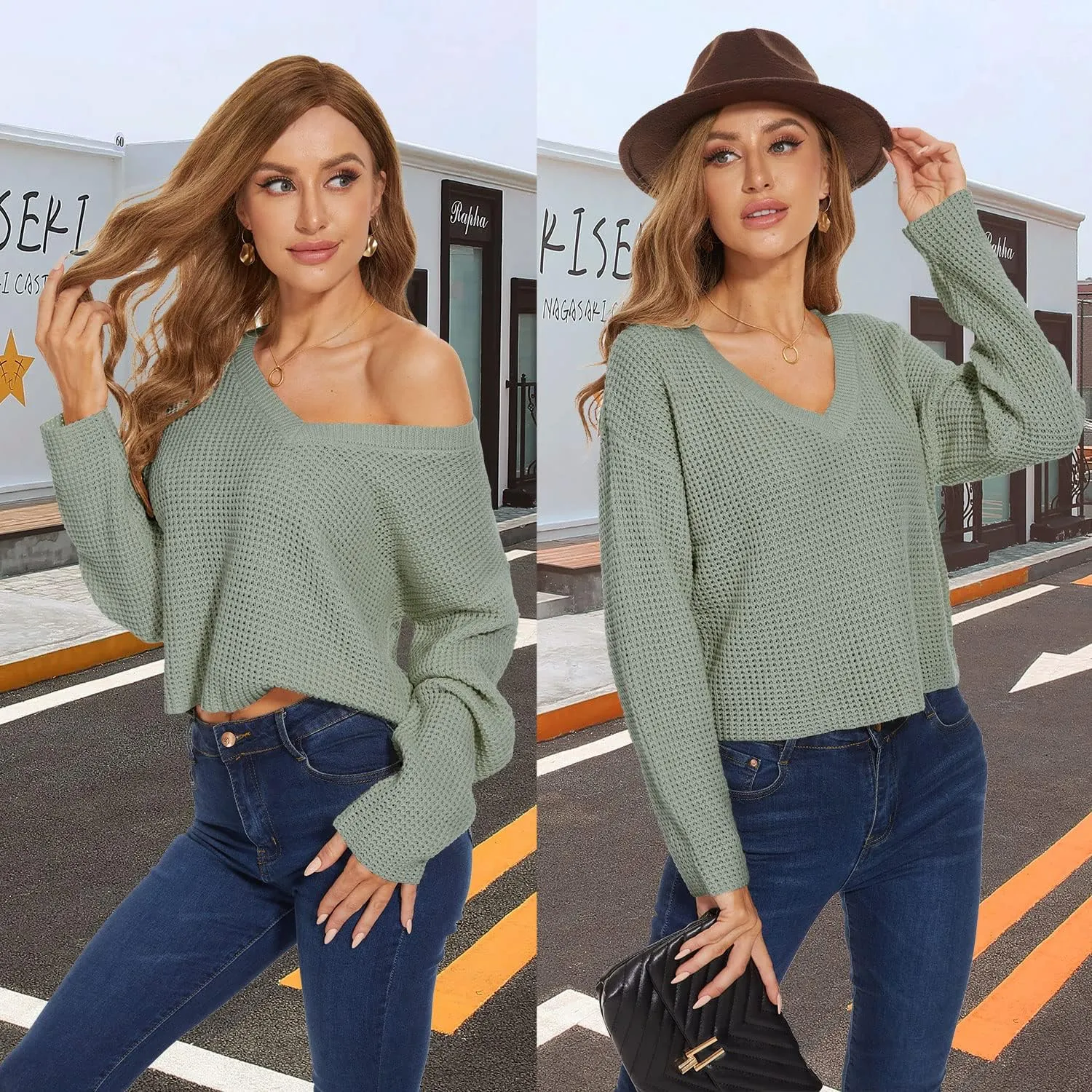 Jumppmile Womens V Neck Waffle Knit Cropped Top Long Sleeve Pullover Crop Sweater