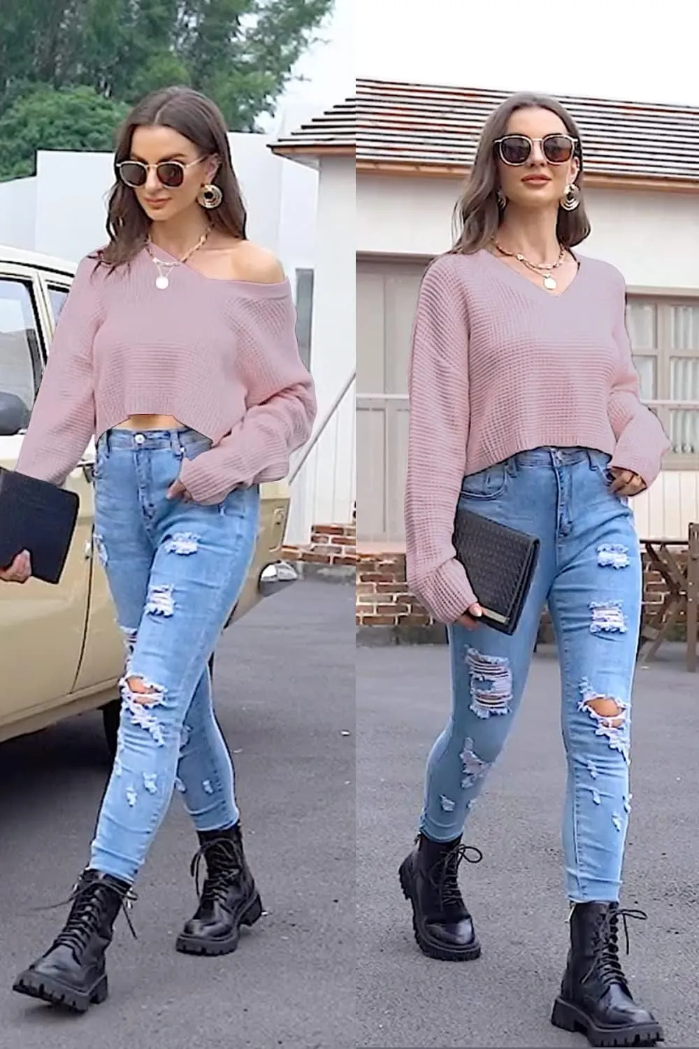 Jumppmile Womens V Neck Waffle Knit Cropped Top Long Sleeve Pullover Crop Sweater