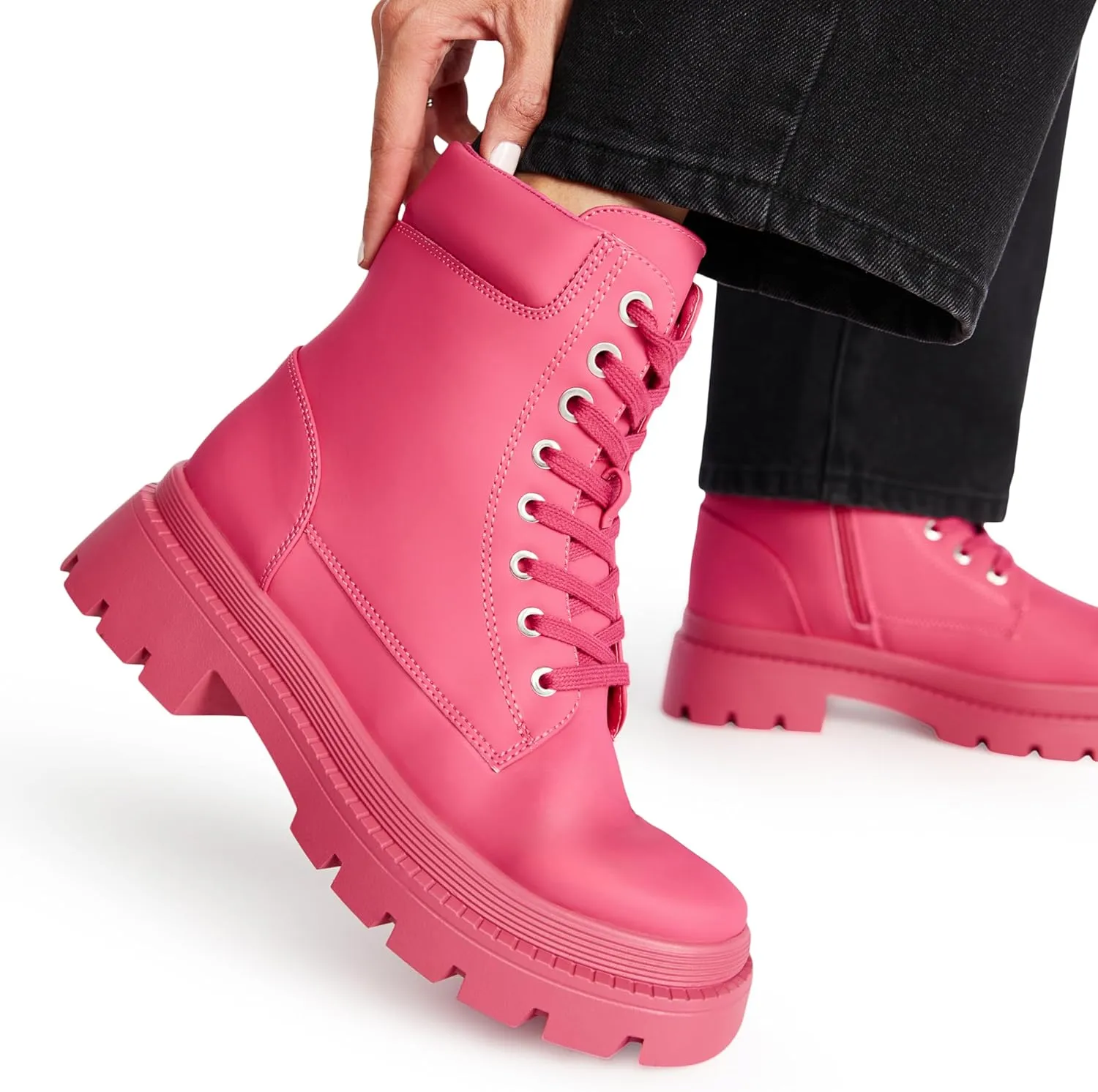 JustFab Women's Fashion Platform Combat Boots Lace Up Low Chunky Heel Ankle Booties Shoes - Tevos