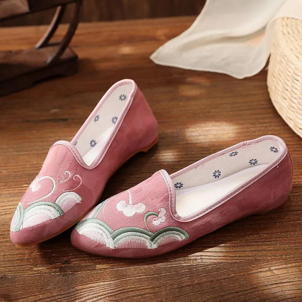 JYHBHMZG Flower Embroidered Women Cotton Fabric Pointed Toe Flat Shoes Comfortable Slip On Flats Ladies Chinese Style Shoes