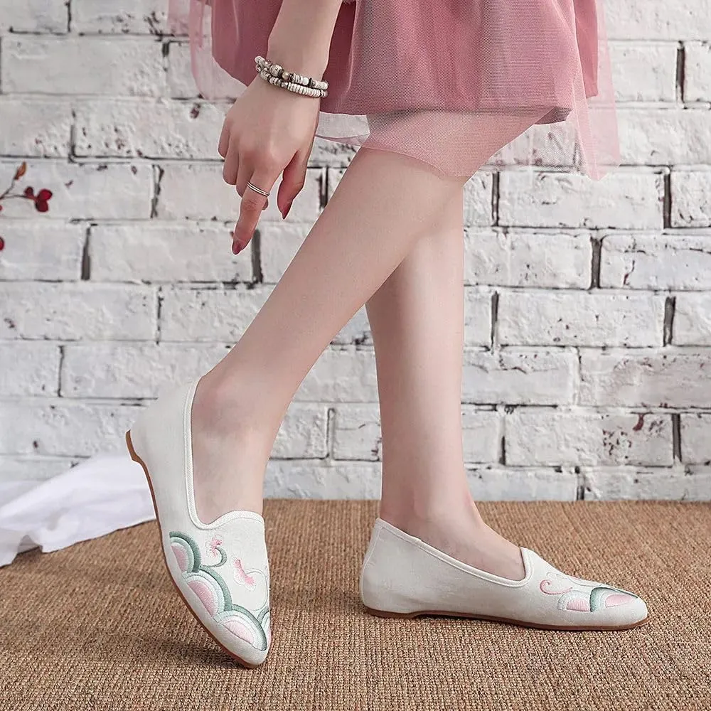 JYHBHMZG Flower Embroidered Women Cotton Fabric Pointed Toe Flat Shoes Comfortable Slip On Flats Ladies Chinese Style Shoes