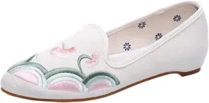 JYHBHMZG Flower Embroidered Women Cotton Fabric Pointed Toe Flat Shoes Comfortable Slip On Flats Ladies Chinese Style Shoes