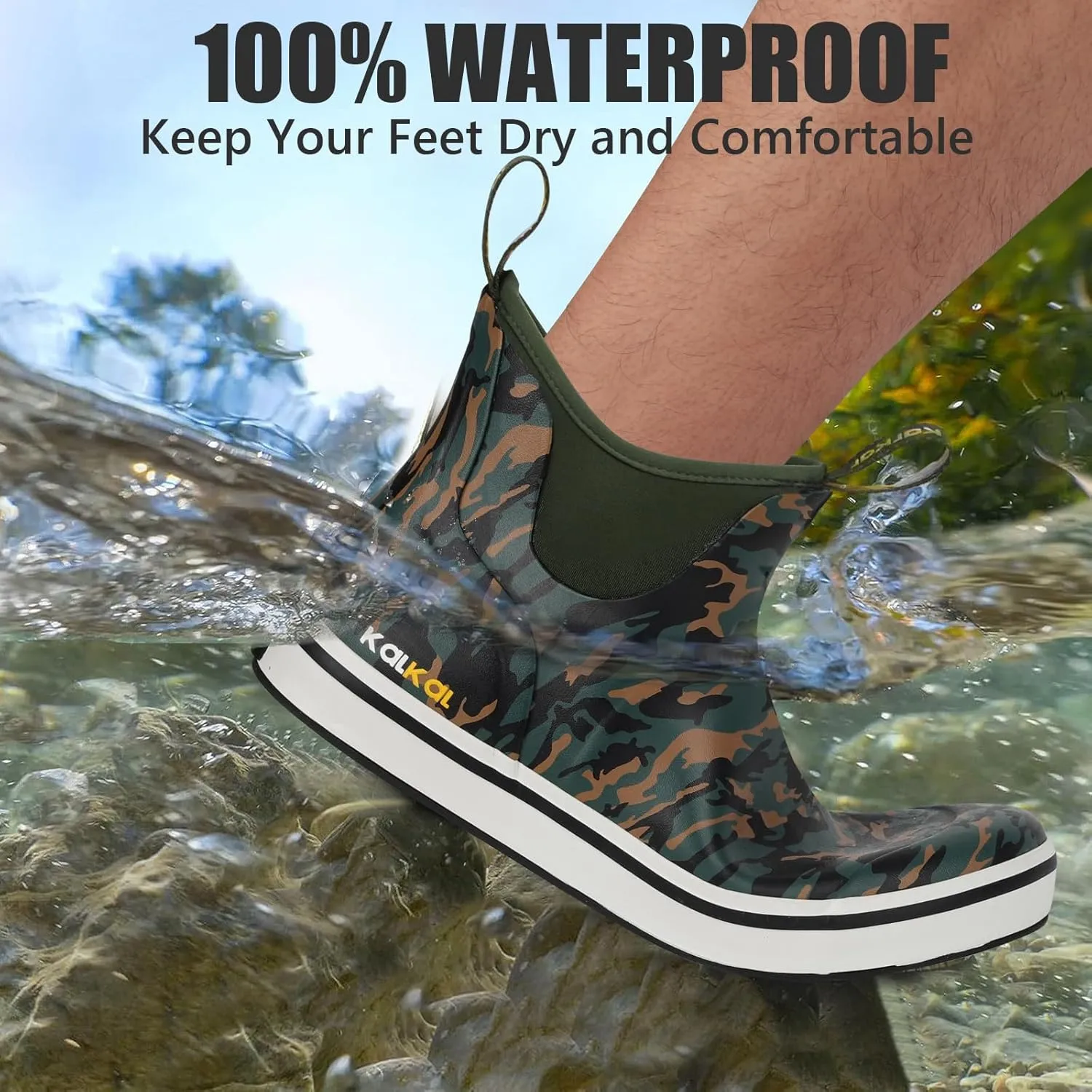 Kalkal Men's Deck Boots Anti-Slip Saltwater Fishing Rain Boots with Memory Foam, Waterproof Rubber Ankle Work Boots for Sailing (Size 7-14)