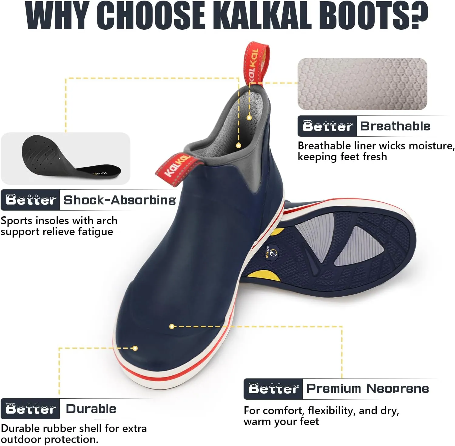 Kalkal Men's Deck Boots Anti-Slip Saltwater Fishing Rain Boots with Memory Foam, Waterproof Rubber Ankle Work Boots for Sailing (Size 7-14)