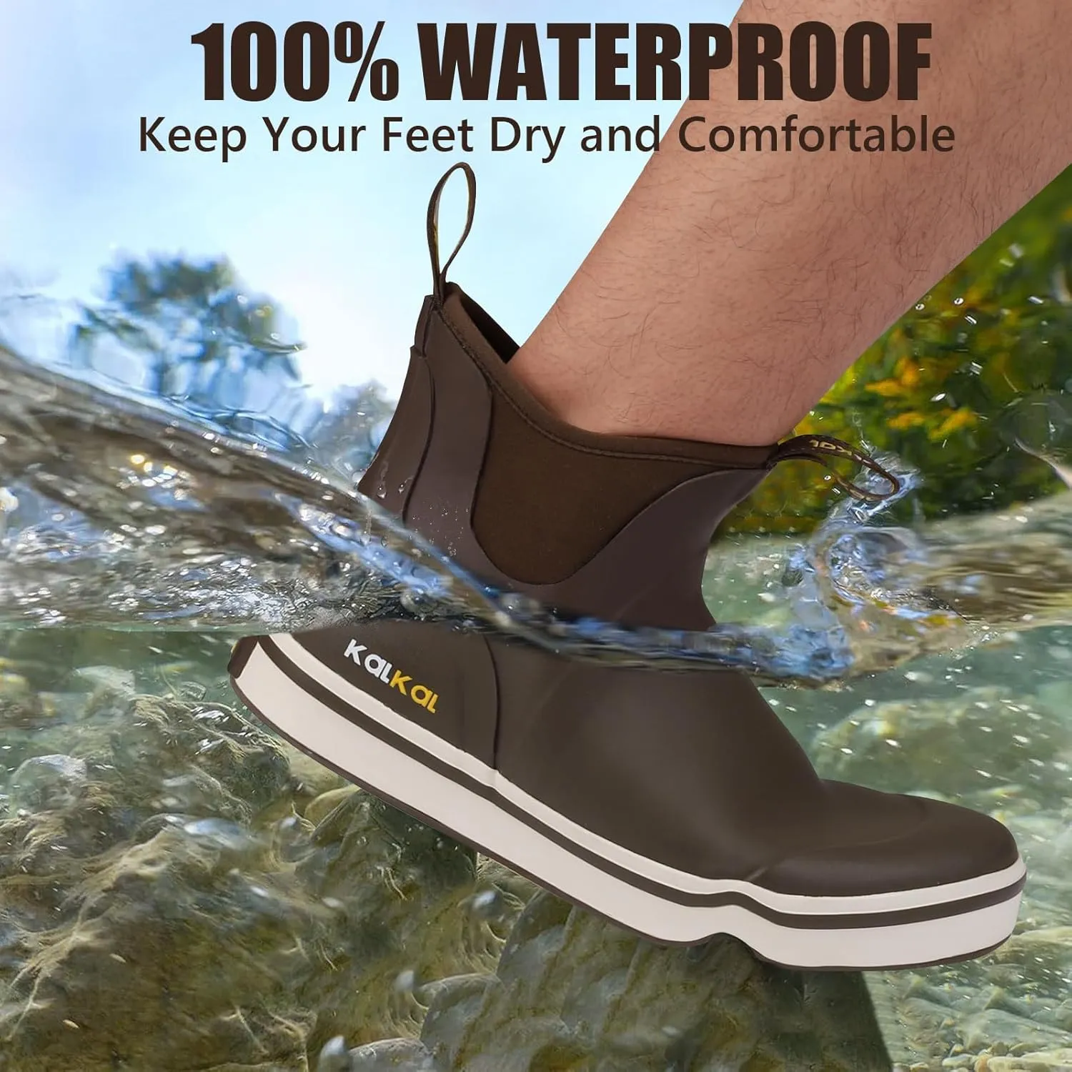 Kalkal Men's Deck Boots Anti-Slip Saltwater Fishing Rain Boots with Memory Foam, Waterproof Rubber Ankle Work Boots for Sailing (Size 7-14)