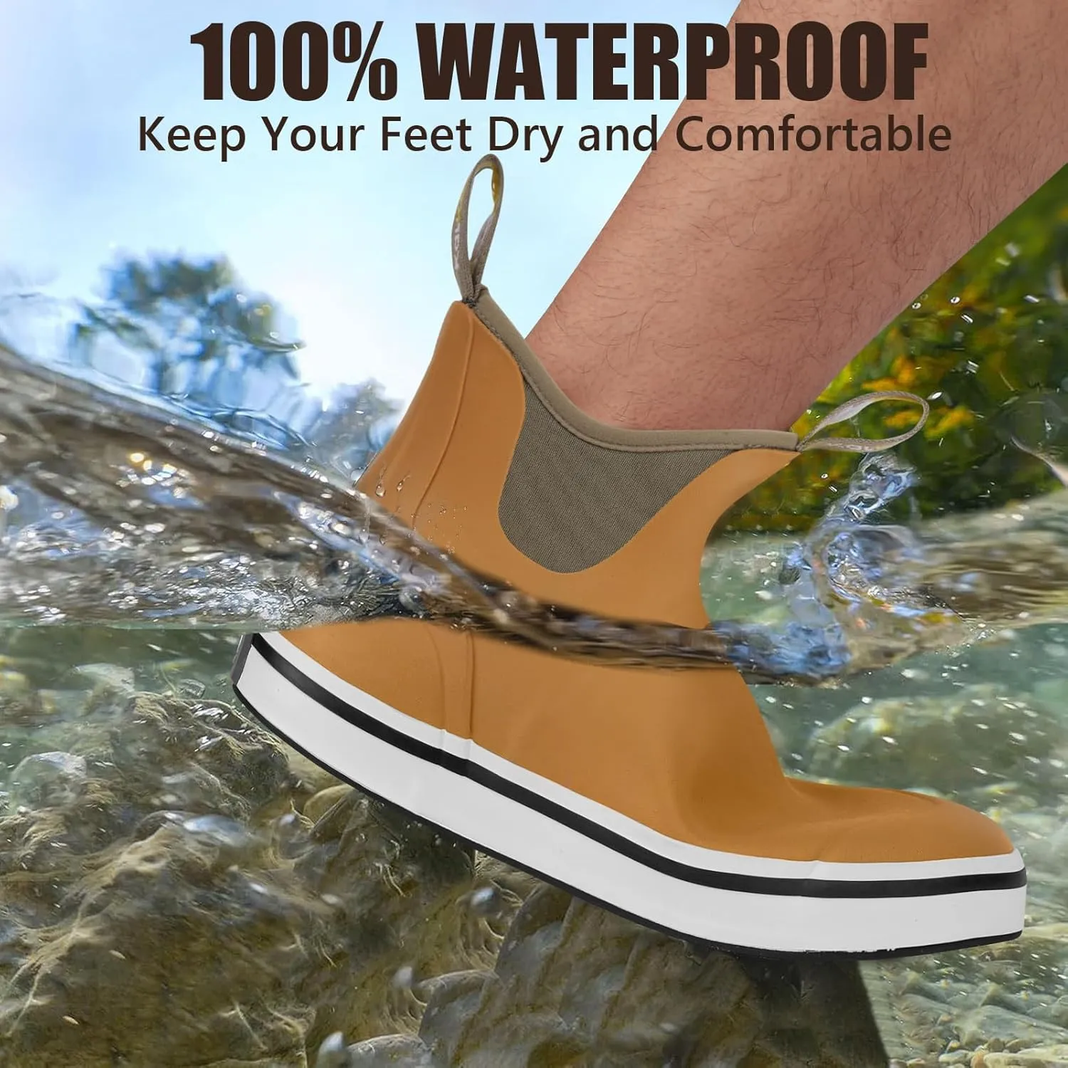 Kalkal Men's Deck Boots Anti-Slip Saltwater Fishing Rain Boots with Memory Foam, Waterproof Rubber Ankle Work Boots for Sailing (Size 7-14)