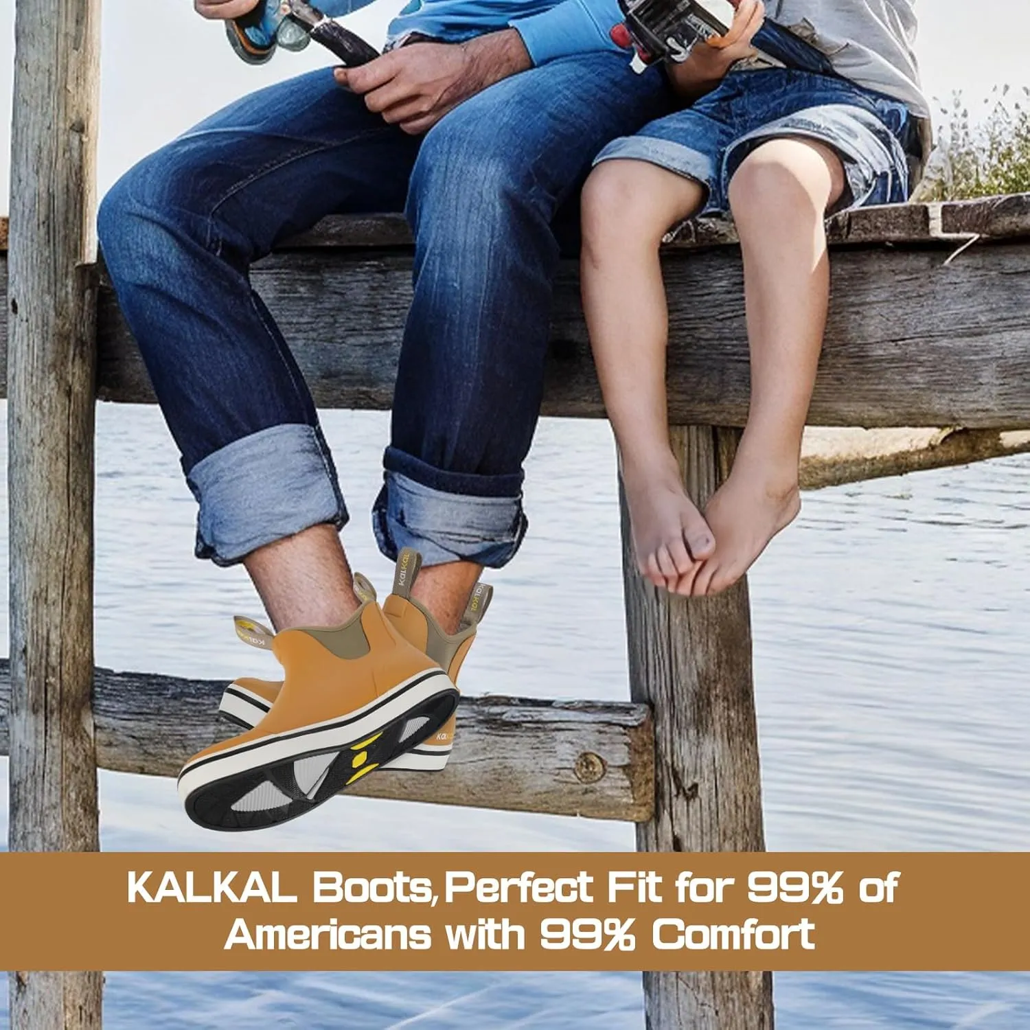 Kalkal Men's Deck Boots Anti-Slip Saltwater Fishing Rain Boots with Memory Foam, Waterproof Rubber Ankle Work Boots for Sailing (Size 7-14)