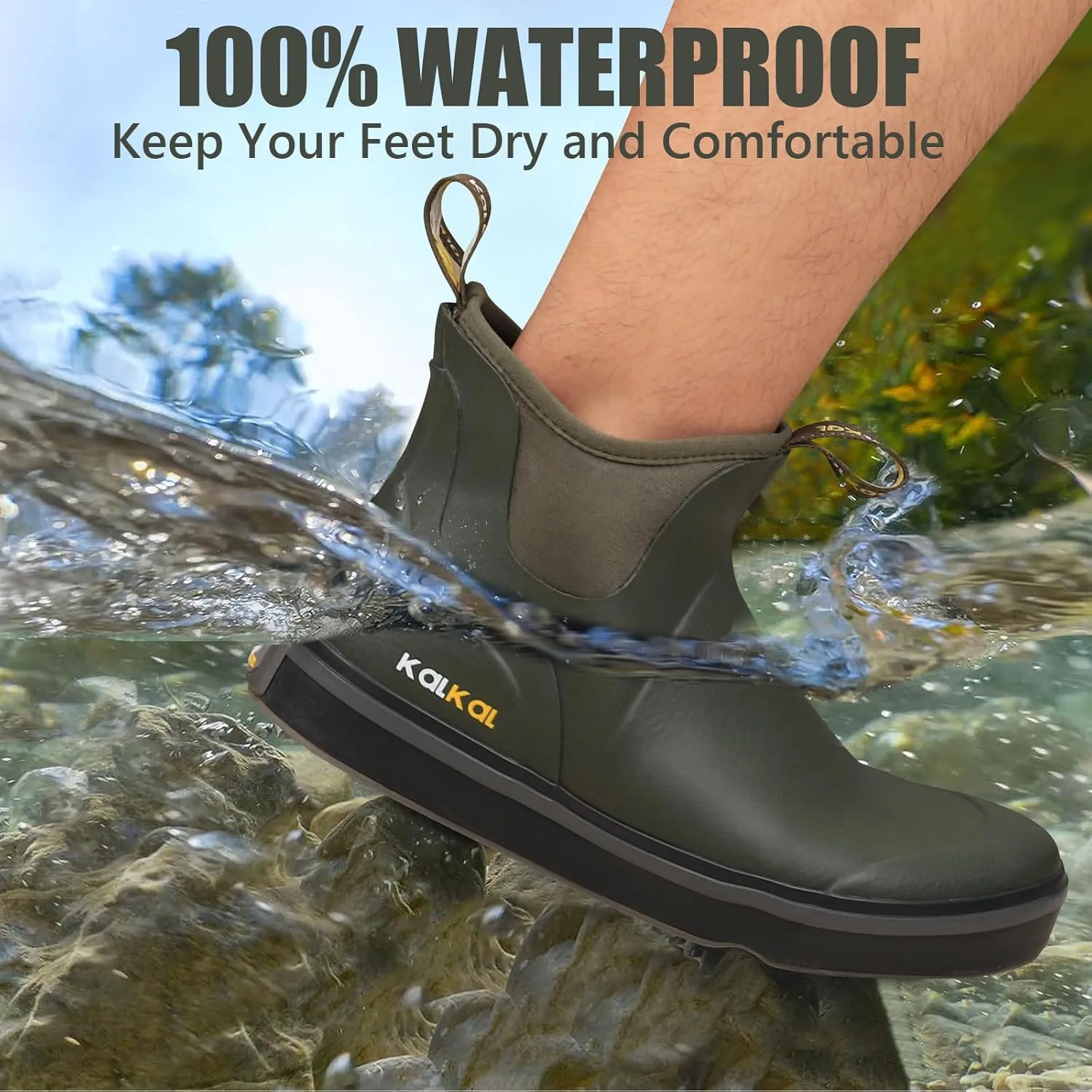 Kalkal Men's Deck Boots Anti-Slip Saltwater Fishing Rain Boots with Memory Foam, Waterproof Rubber Ankle Work Boots for Sailing (Size 7-14)