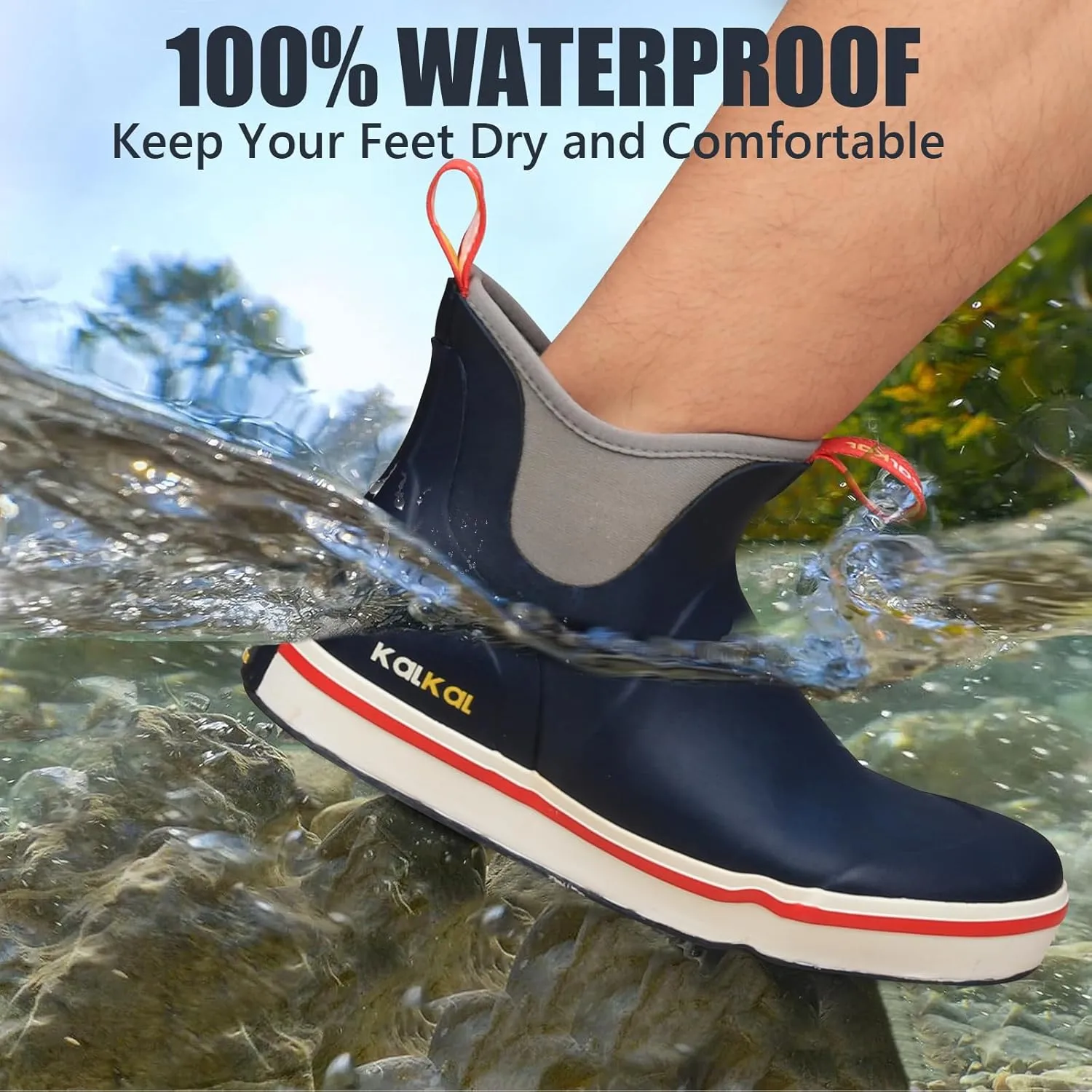 Kalkal Men's Deck Boots Anti-Slip Saltwater Fishing Rain Boots with Memory Foam, Waterproof Rubber Ankle Work Boots for Sailing (Size 7-14)