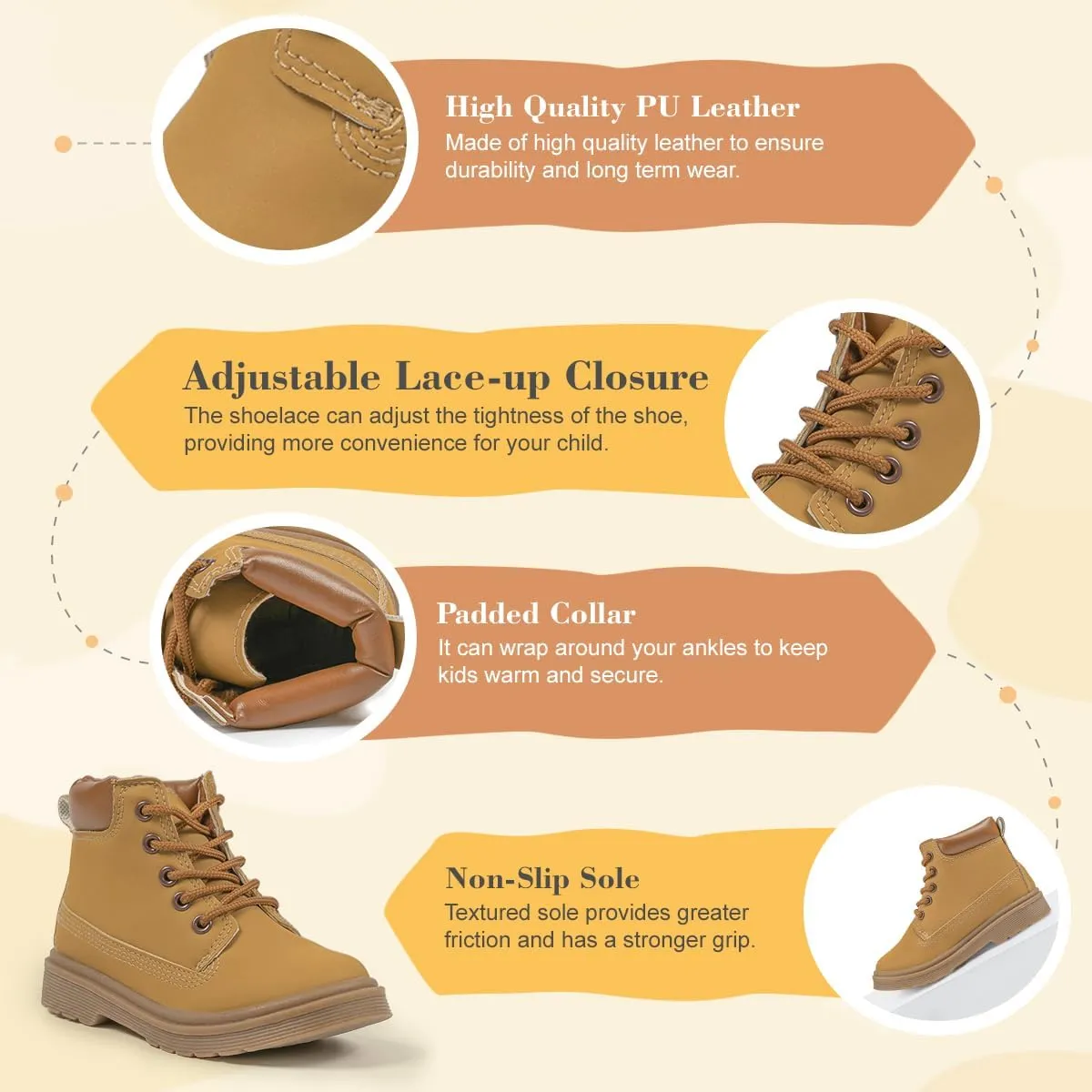 Kannior Boys Hiking Snow Boots Little Kid High Top Dress Shoes Toddler Lace Up Non-Slip Texture Sole Loafer Ankle Flats PU Leather Classic Casual Walking Work Boot(Toddler/Little Kid)