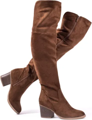 Katliu Women's Knee High Suede Chunky Heel Dressy Over the Knee Side Zipper Winter Long Boots
