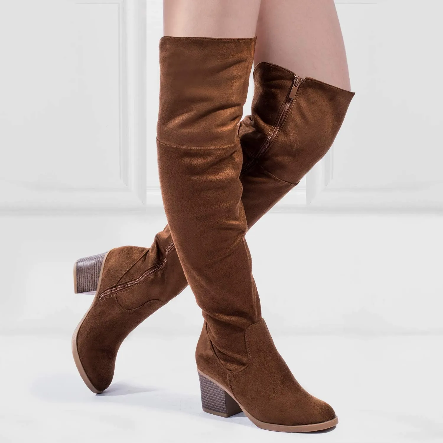 Katliu Women's Knee High Suede Chunky Heel Dressy Over the Knee Side Zipper Winter Long Boots