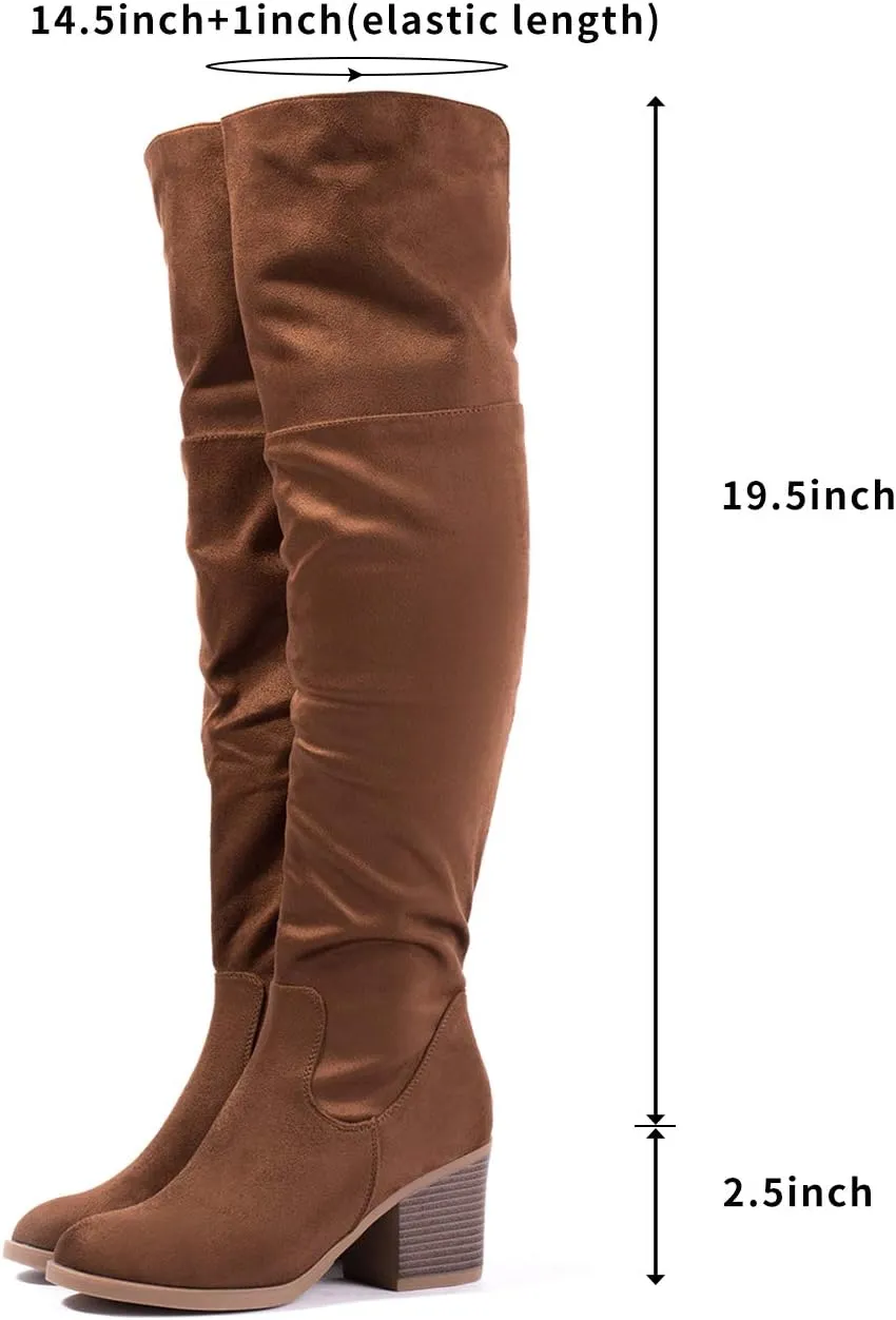 Katliu Women's Knee High Suede Chunky Heel Dressy Over the Knee Side Zipper Winter Long Boots