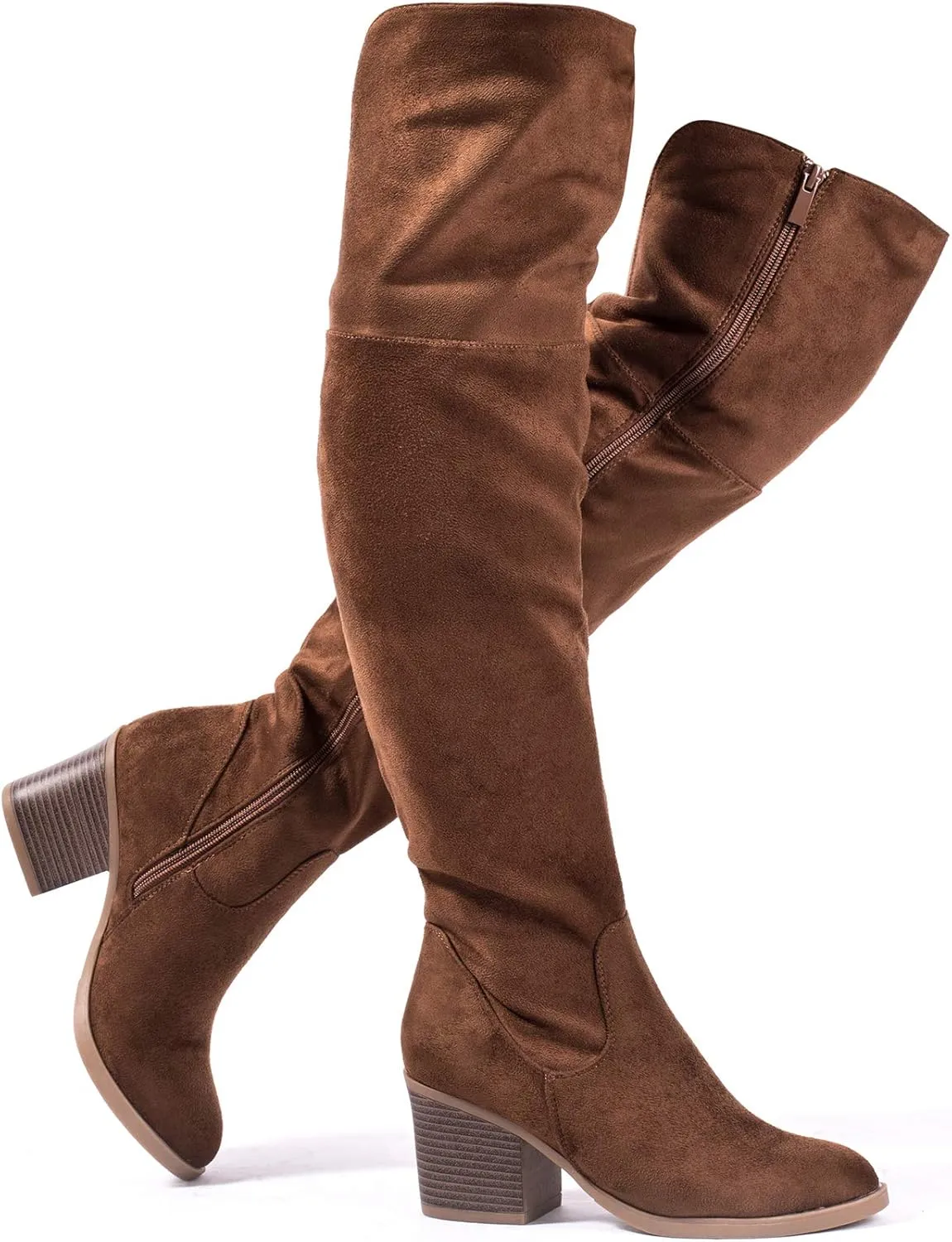 Katliu Women's Knee High Suede Chunky Heel Dressy Over the Knee Side Zipper Winter Long Boots
