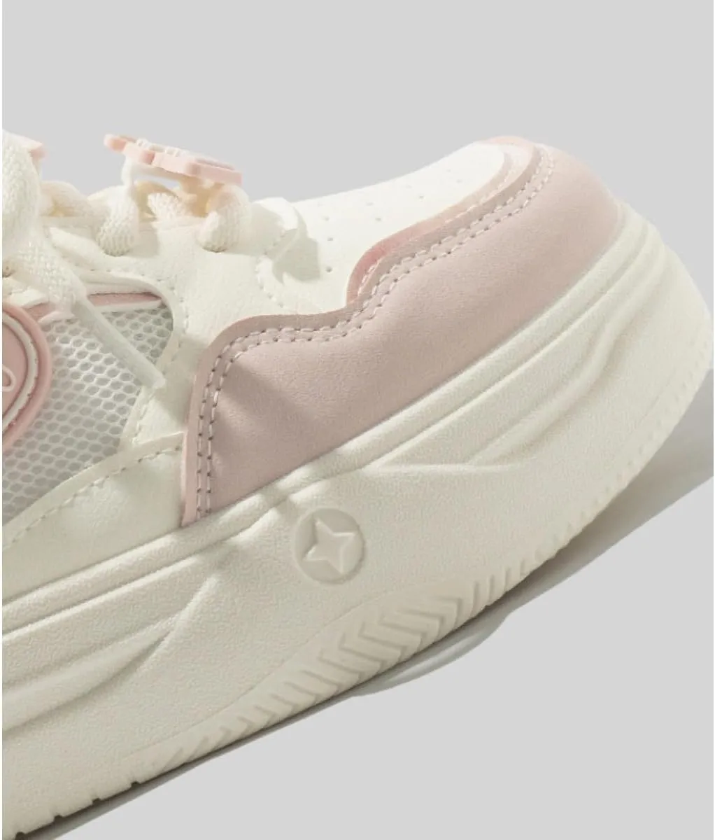 Kawaii Chunky Sole Platform Sneakers for Women - Soft Pastel Color Block Design, Ultra-Comfortable Walking Shoes