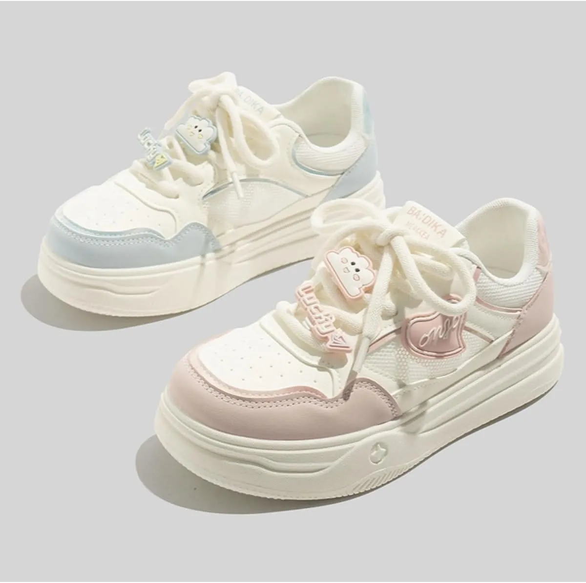 Kawaii Chunky Sole Platform Sneakers for Women - Soft Pastel Color Block Design, Ultra-Comfortable Walking Shoes