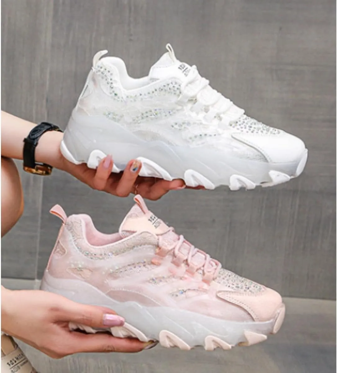 Kawaii Rhinestone Platform Sneakers for Teen Girls and Women - Cute Sparkly Chunky Dad Shoes with Crystal Accents - Fashion Thick Sole Walking Shoes (Pink/White)