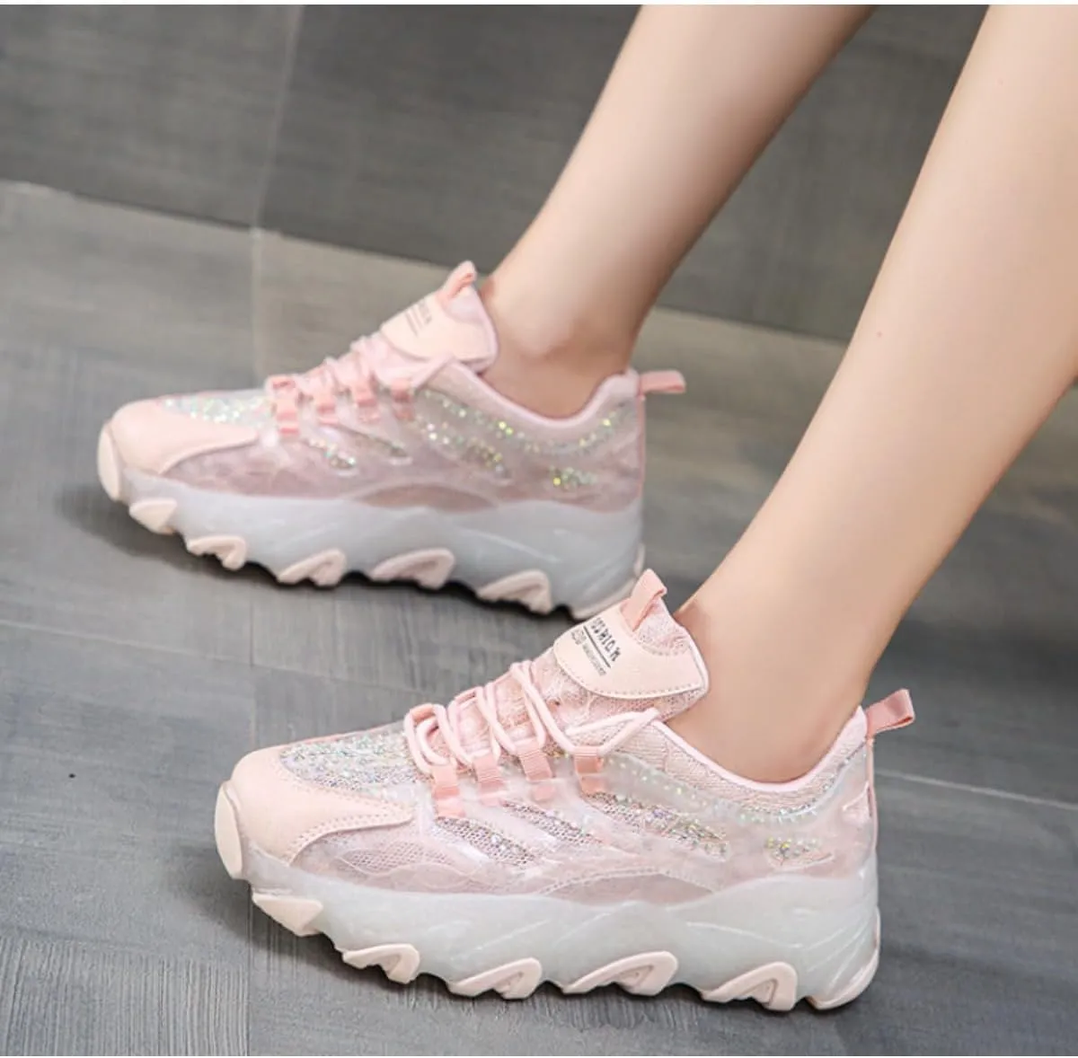 Kawaii Rhinestone Platform Sneakers for Teen Girls and Women - Cute Sparkly Chunky Dad Shoes with Crystal Accents - Fashion Thick Sole Walking Shoes (Pink/White)