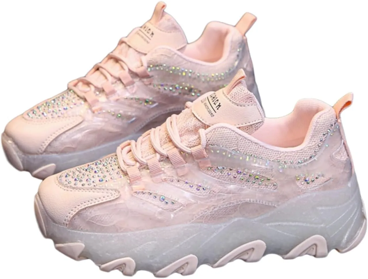 Kawaii Rhinestone Platform Sneakers for Teen Girls and Women - Cute Sparkly Chunky Dad Shoes with Crystal Accents - Fashion Thick Sole Walking Shoes (Pink/White)