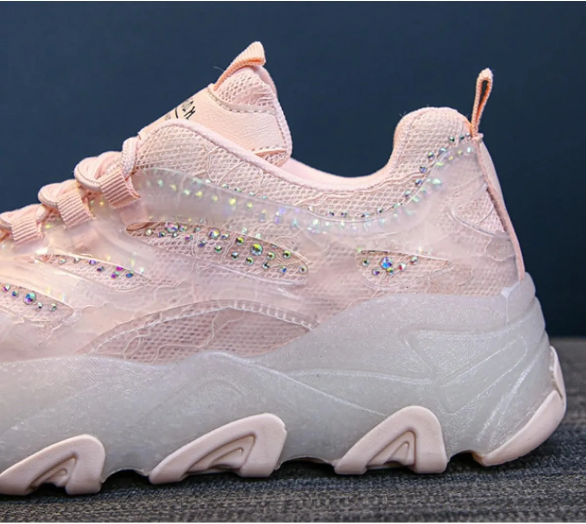 Kawaii Rhinestone Platform Sneakers for Teen Girls and Women - Cute Sparkly Chunky Dad Shoes with Crystal Accents - Fashion Thick Sole Walking Shoes (Pink/White)