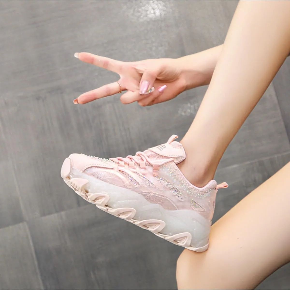 Kawaii Rhinestone Platform Sneakers for Teen Girls and Women - Cute Sparkly Chunky Dad Shoes with Crystal Accents - Fashion Thick Sole Walking Shoes (Pink/White)