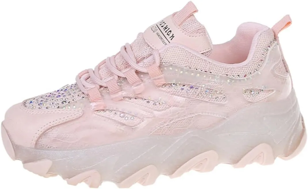 Kawaii Rhinestone Platform Sneakers for Teen Girls and Women - Cute Sparkly Chunky Dad Shoes with Crystal Accents - Fashion Thick Sole Walking Shoes (Pink/White)
